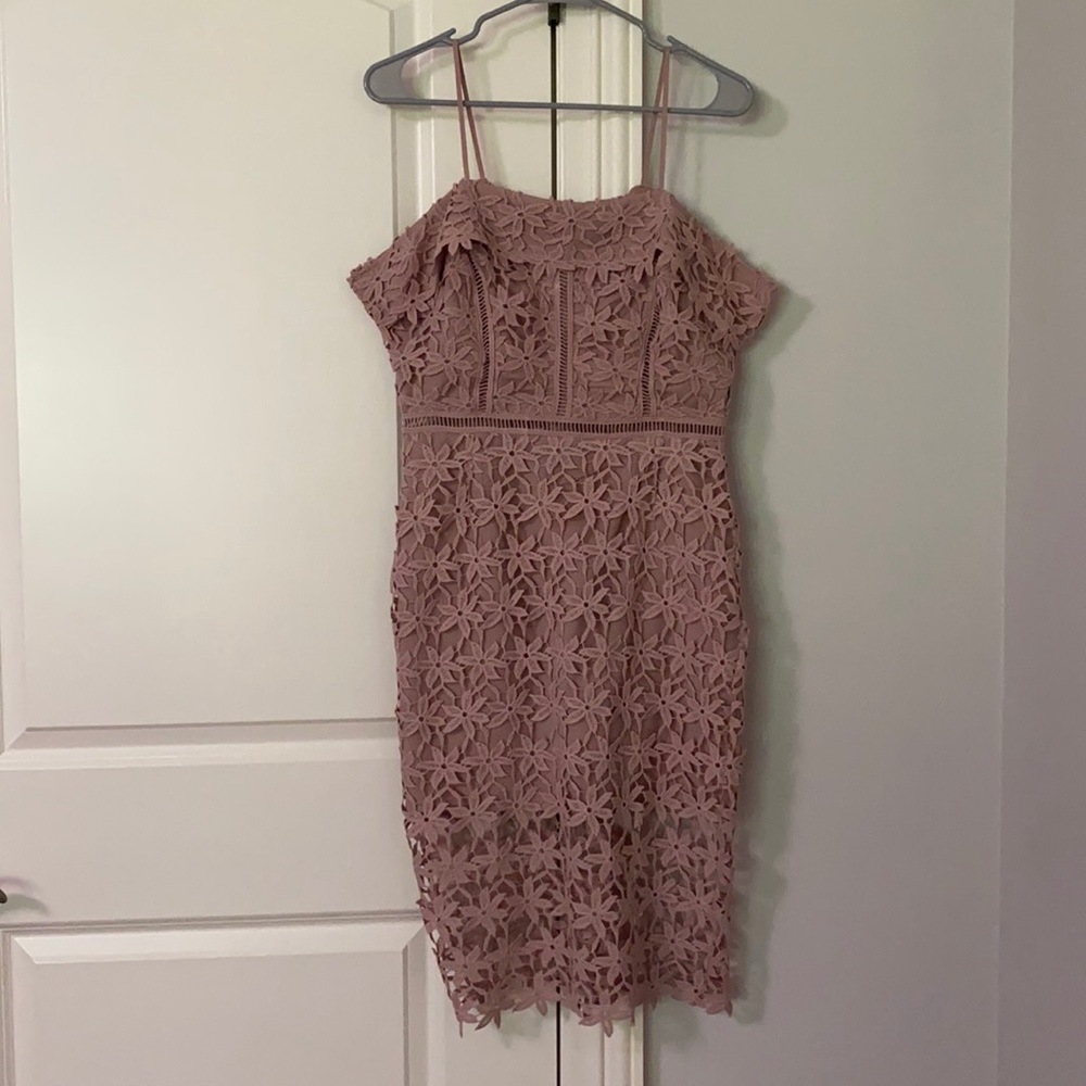 Off the shoulder, mauve midi dress